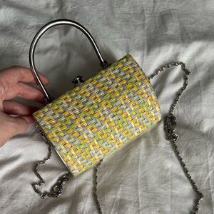 Vintage Yellow and White Woven Handbag with Silver Hardware